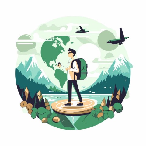 Tourist with backpack and map. Travel and adventure vector illus