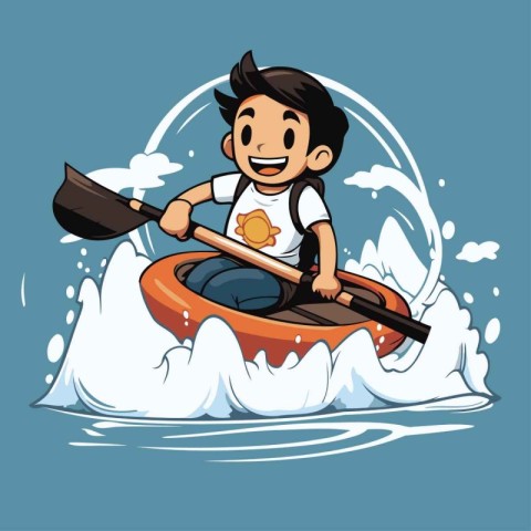 Cartoon boy rowing on a kayak. Vector illustration.