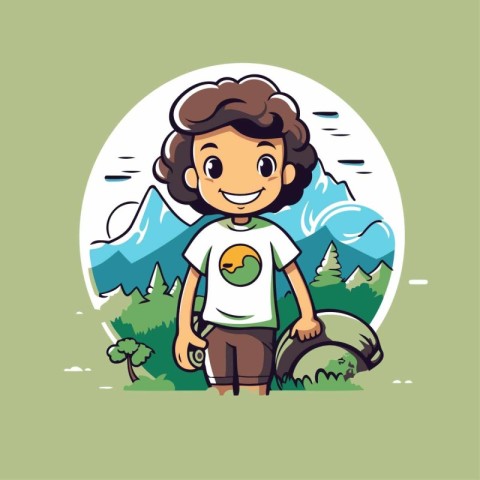 Cute boy hiking in the mountains. Vector cartoon character illus