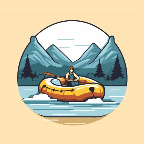 Kayaking in the mountain river. Vector illustration in flat styl