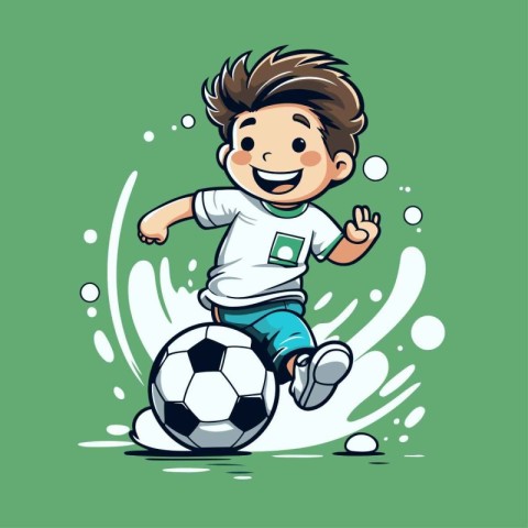 Vector illustration of a boy playing soccer on a green backgroun