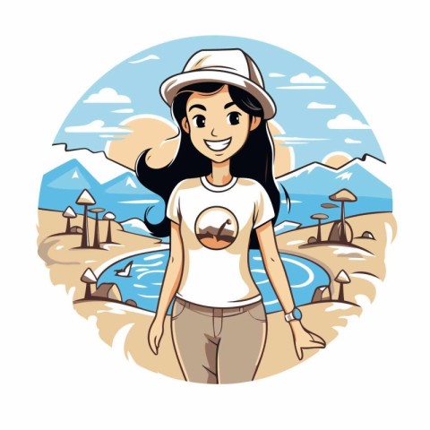 Girl in a hat and t-shirt on the beach. Vector illustration.