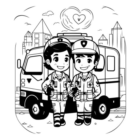 cute couple of kids with police car and ambulance vector illustr