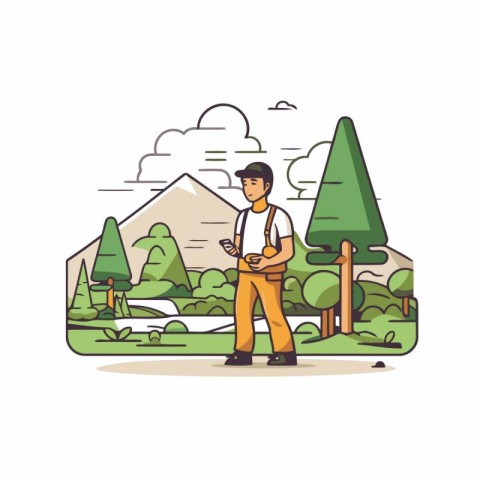 Man standing in the forest. Vector illustration in flat cartoon