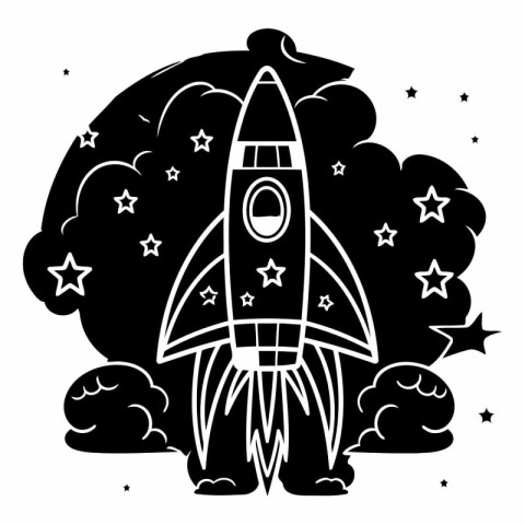 Rocket in the sky. Black and white vector illustration for color