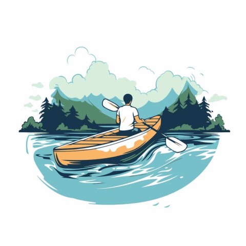 Kayaking in the mountains. Vector illustration of a man in a can