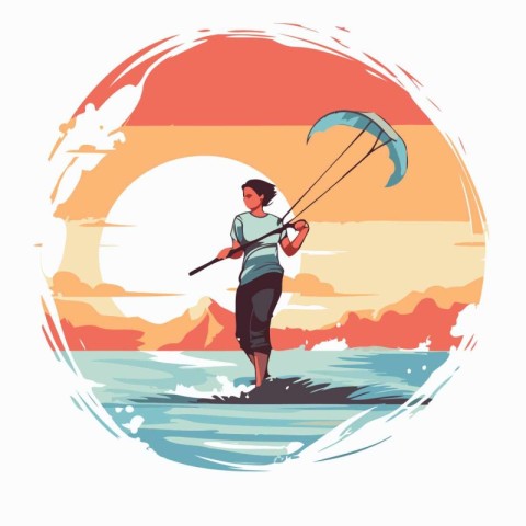 Kitesurfer on the background of the sunset. Vector illustration.