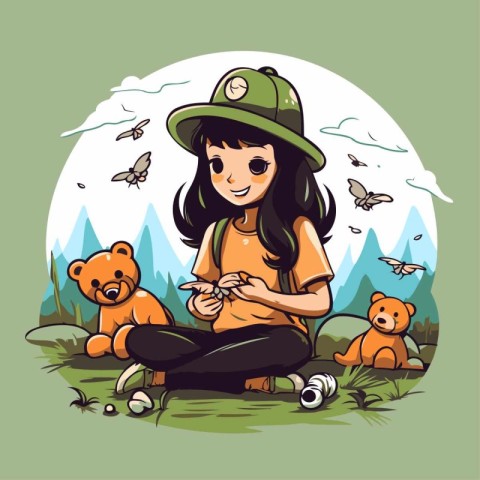 Girl sitting on the meadow with wild animals. Vector illustratio