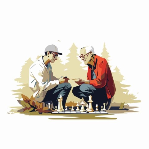 Two senior men playing chess in the park. Vector illustration on