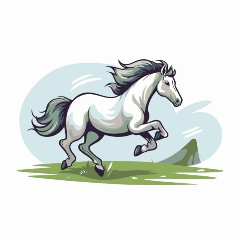 White horse running on green meadow. Vector illustration in cart