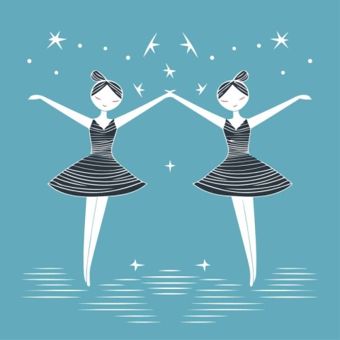 Two ballerinas dancing on a blue background. Vector illustration