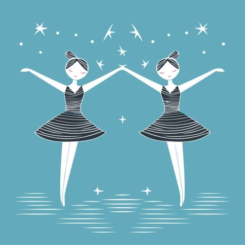 Two ballerinas dancing on a blue background. Vector illustration