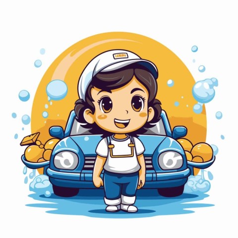 Cute little boy in car wash cartoon vector illustration graphic