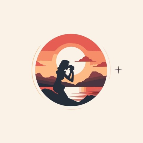 Silhouette of a girl on the beach at sunset. Vector illustration