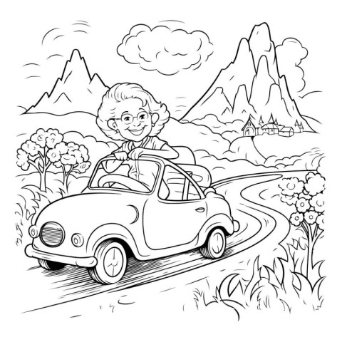 Retro cartoon of a woman driving a car in the mountains.