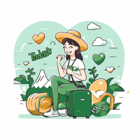 Vector illustration of a tourist girl with a suitcase in the mou