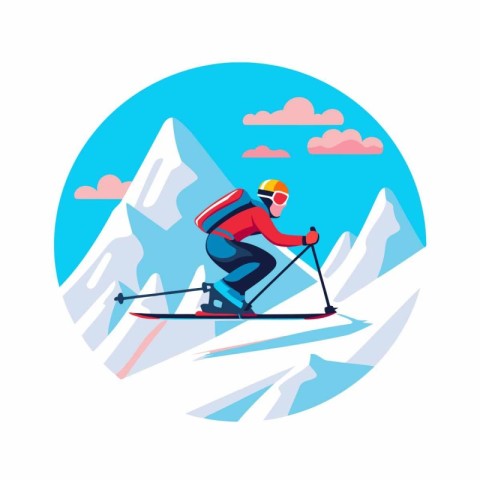 Skier skiing in the mountains. Vector illustration in flat style