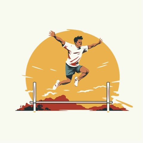 Athletic man jumping over hurdle. Vector illustration in retro s