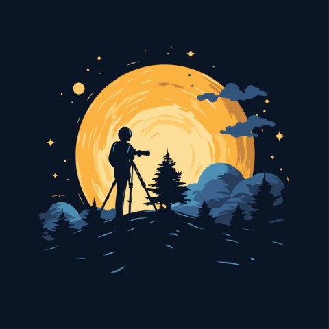 Photographer on the background of the moon and forest. Vector il