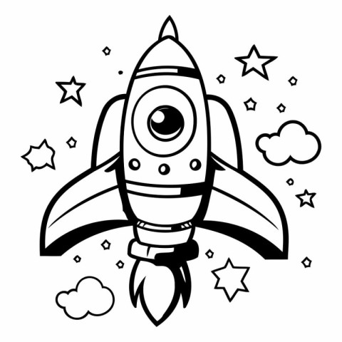 Black and White Cartoon Illustration of Rocket or Spaceship for