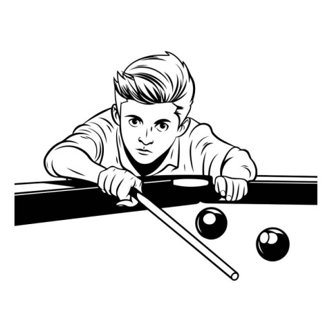 young man playing billiards black and white vector illustration