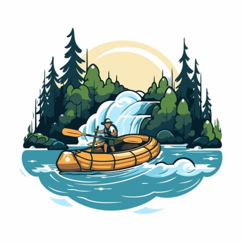 Kayaking in the forest. Vector illustration of a man paddling in