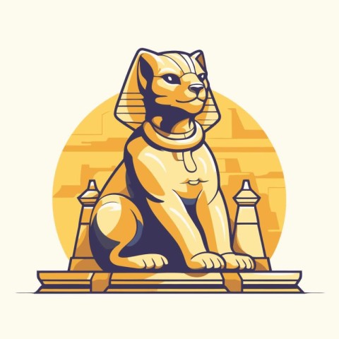 Egyptian golden cat sitting on the pedestal. Vector illustration