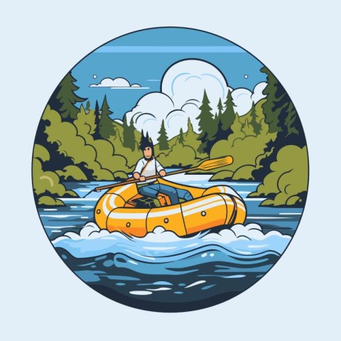 Man in a kayak on the river. Vector illustration in cartoon styl