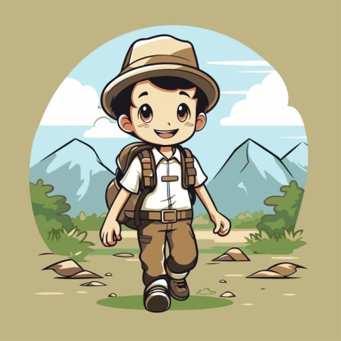 boy explorer with backpack and hat hiking in the mountains. vect