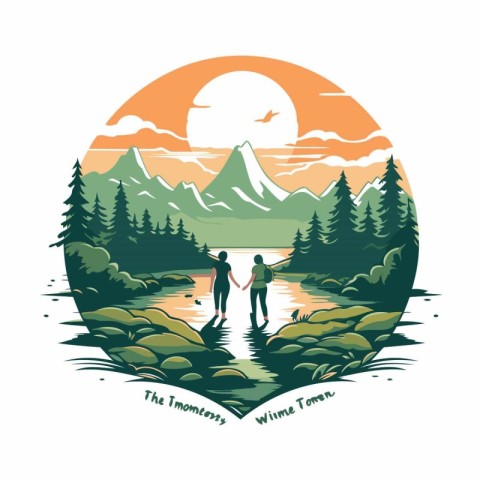 Vector illustration of a couple in the middle of a lake in the m