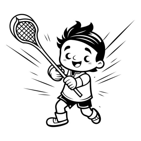 Black and White Cartoon Illustration of a Kid Playing Badminton