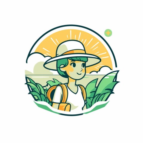 Tourist woman in hat with backpack. Vector illustration in flat