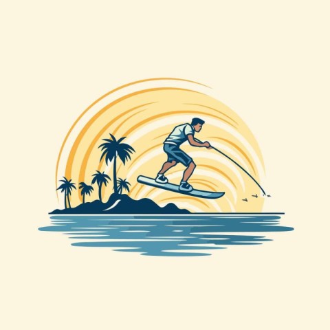 Surfer on the island. Vector illustration of a man on a surfboar