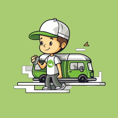 Cleaning Service Man with Car and Truck. Vector Illustration.