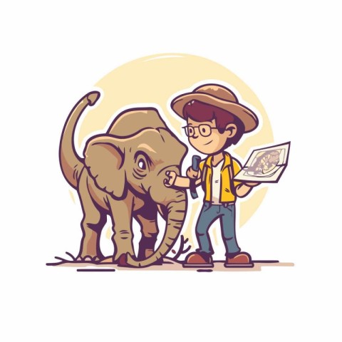 Vector illustration of a boy with a map and a big elephant.