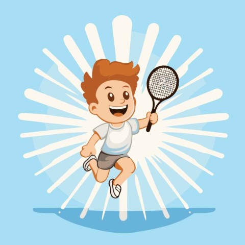 Happy boy playing tennis with racket. Vector illustration in car