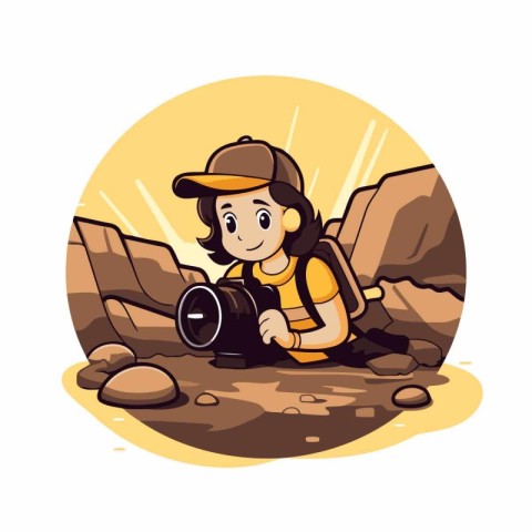 Cartoon tourist with a camera in the mountains. Vector illustrat