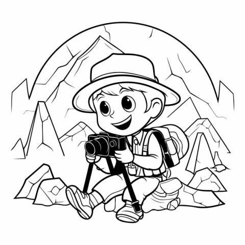 Tourist boy in a hat with a backpack and a camera. Vector illust