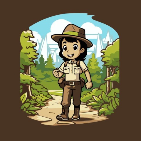 Boy scout with backpack and hat in the forest. Vector illustrati