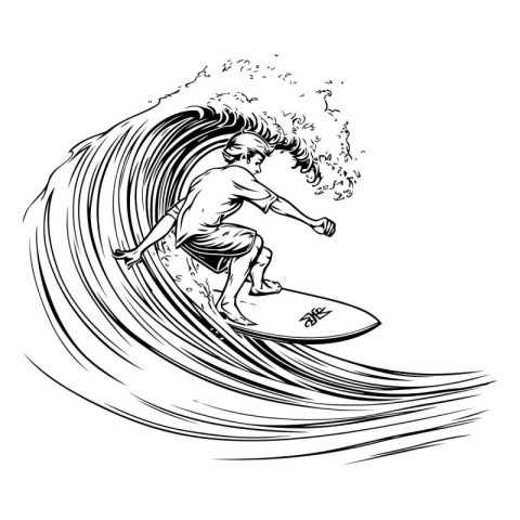 surfer with surfboard on the wave. black and white vector illust