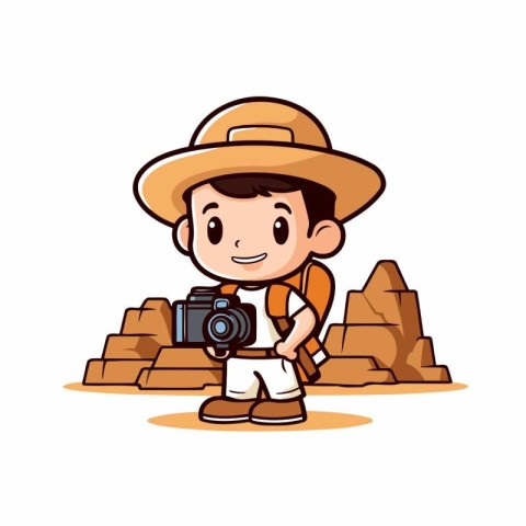 Cute boy in safari hat with camera. Vector illustration.