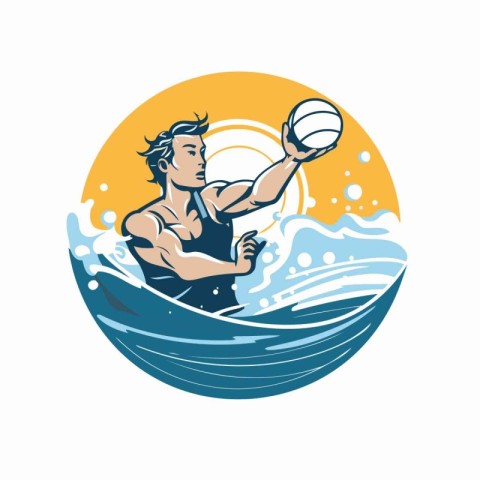 Water polo player in action on the beach. Vector illustration.