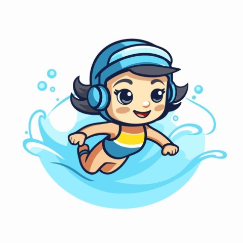 Cute little girl swimming in the sea. vector cartoon illustratio