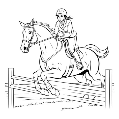 Jockey on a horse jumping over obstacles. black and white vector