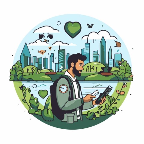 Vector illustration of a tourist man with a map and a backpack o