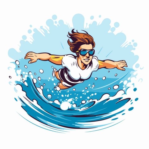 Surfer jumping into the water. Vector illustration isolated on w