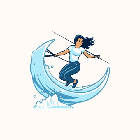 Water sport vector illustration. Girl windsurfer on a wave.