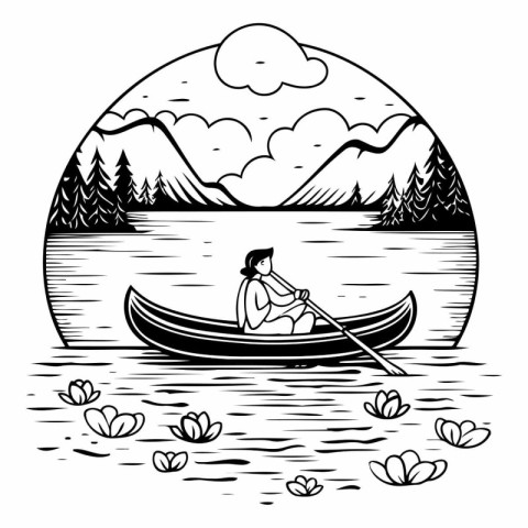 Man in a boat on the lake. Black and white vector illustration.