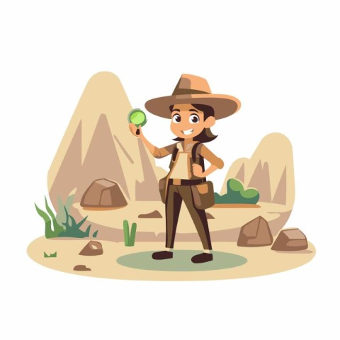 Cartoon explorer with a magnifying glass in his hand. Vector ill