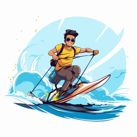 Young man on a wakeboard in the sea. Vector illustration.